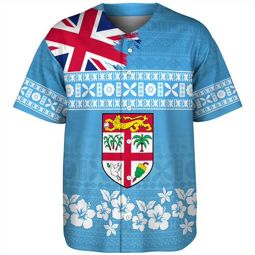Fiji Baseball Shirt Bula Pattern Flag With Hibiscus Flower