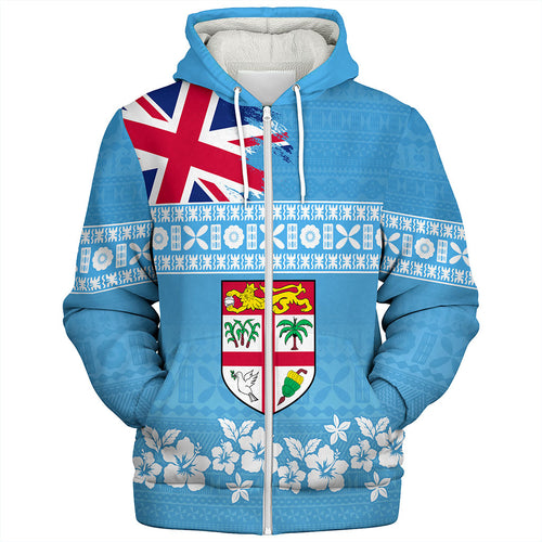 Fiji Sherpa Hoodie Bula Pattern Flag With Hibiscus Flower