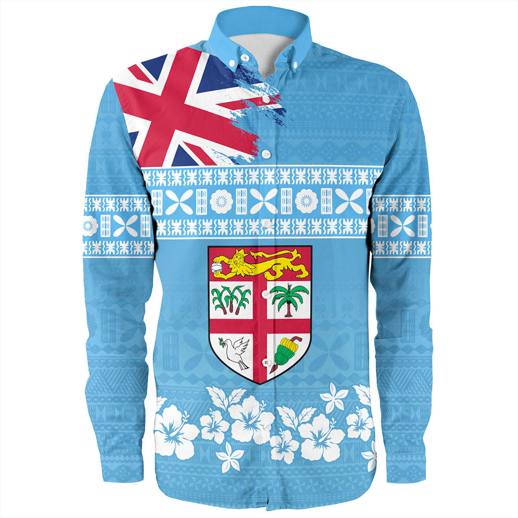 Fiji Long Sleeve Shirt Bula Pattern Flag With Hibiscus Flower