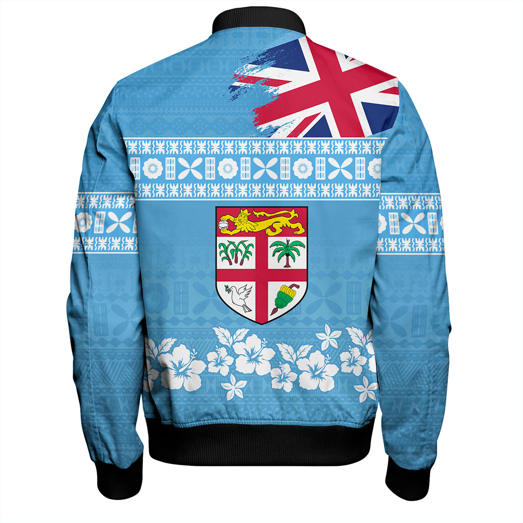 Fiji Bomber Jacket Bula Pattern Flag With Hibiscus Flower