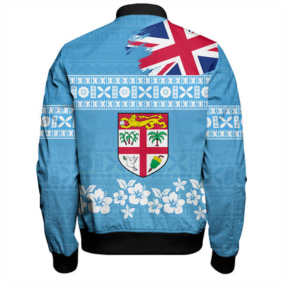 Fiji Bomber Jacket Bula Pattern Flag With Hibiscus Flower
