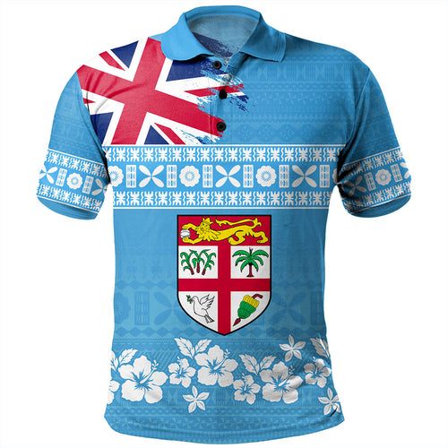 Fiji Polo Shirt Bula Pattern Flag With Hibiscus Flower
