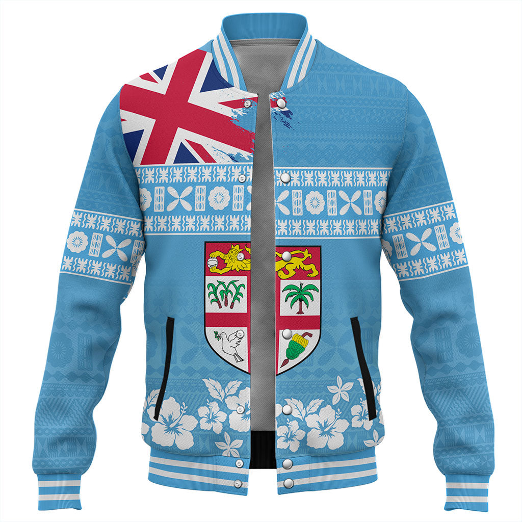 Fiji Baseball Jacket Bula Pattern Flag With Hibiscus Flower