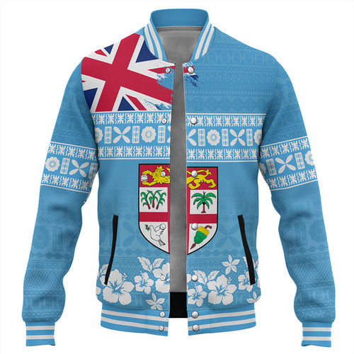 Fiji Baseball Jacket Bula Pattern Flag With Hibiscus Flower