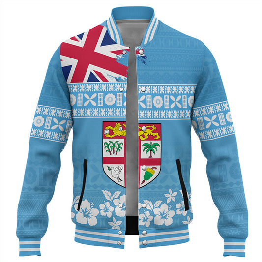 Fiji Baseball Jacket Bula Pattern Flag With Hibiscus Flower