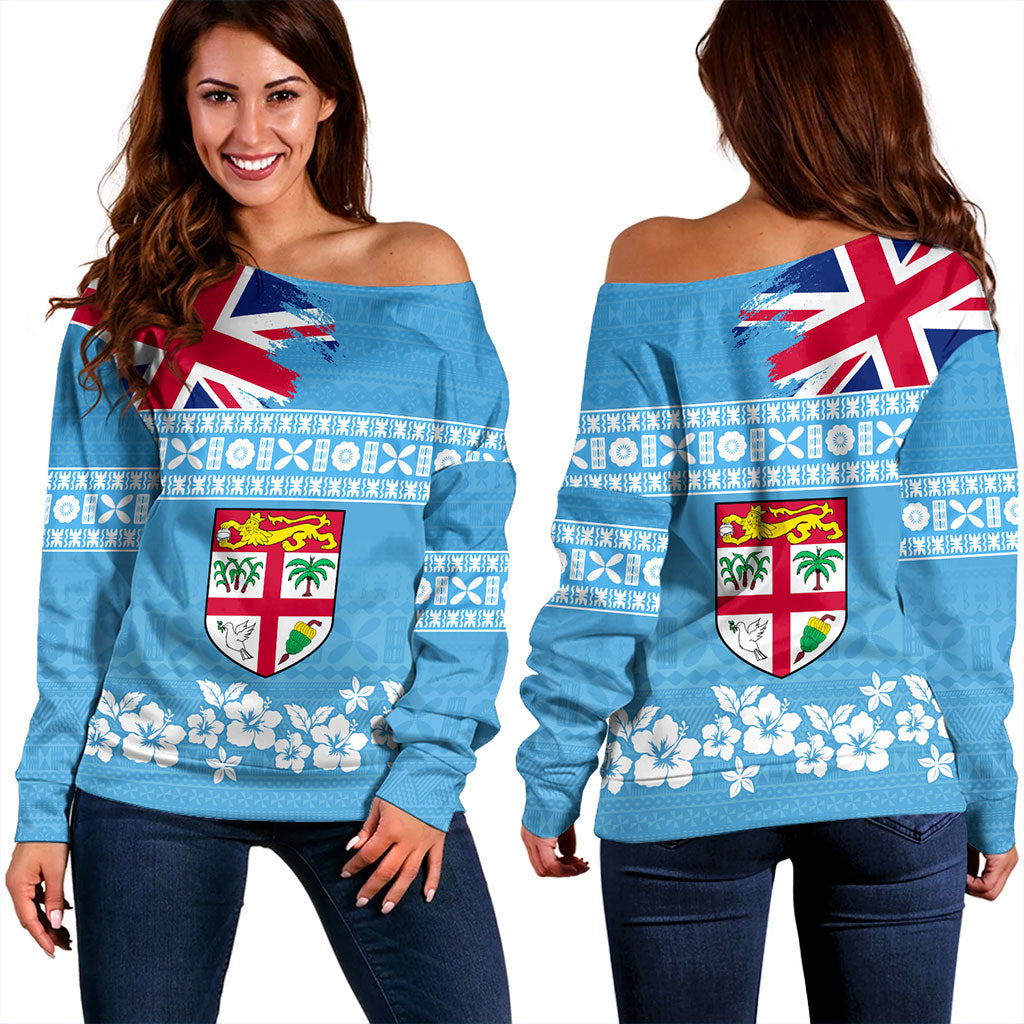 Fiji Off Shoulder Sweatshirt Bula Pattern Flag With Hibiscus Flower