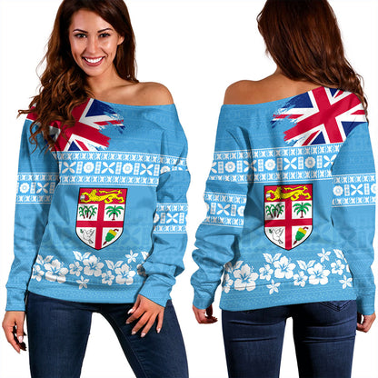 Fiji Off Shoulder Sweatshirt Bula Pattern Flag With Hibiscus Flower