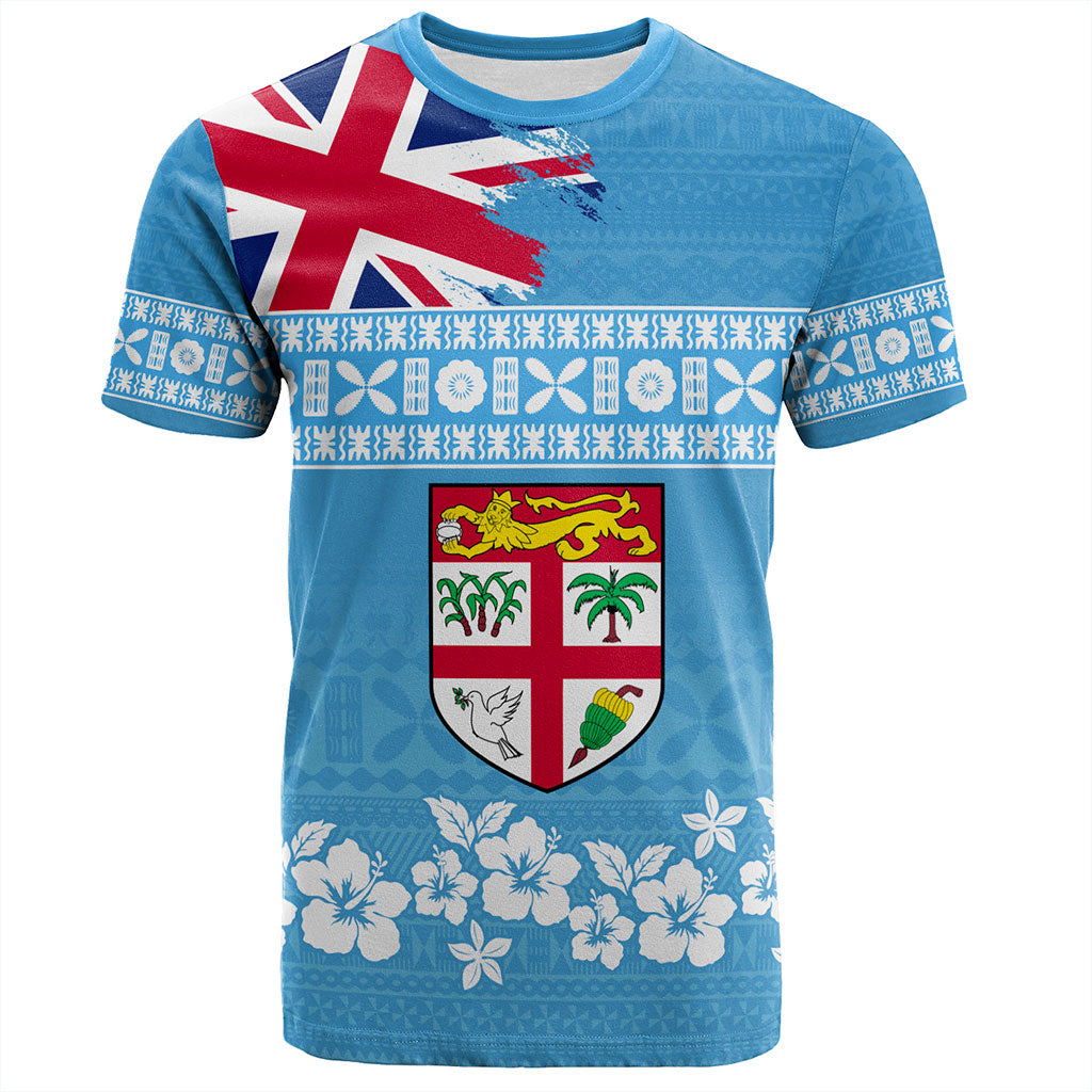 Fiji T-Shirt Bula Pattern Flag With Hibiscus Flower