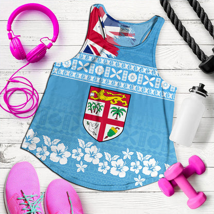 Fiji Women Tank Bula Pattern Flag With Hibiscus Flower