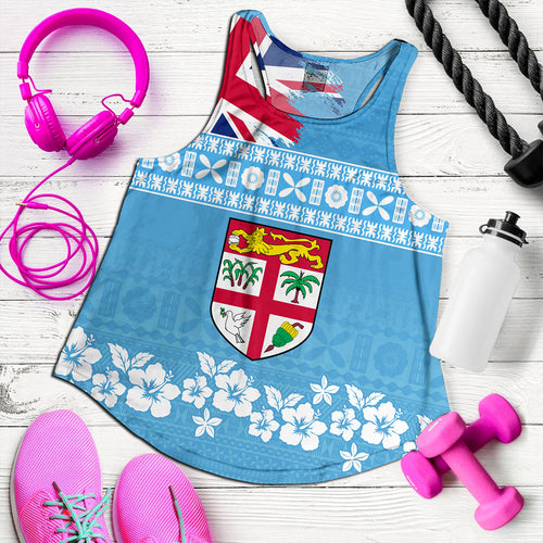 Fiji Women Tank Bula Pattern Flag With Hibiscus Flower