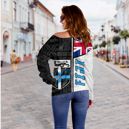 Fiji Off Shoulder Sweatshirt Flag Pattern Bula Concept