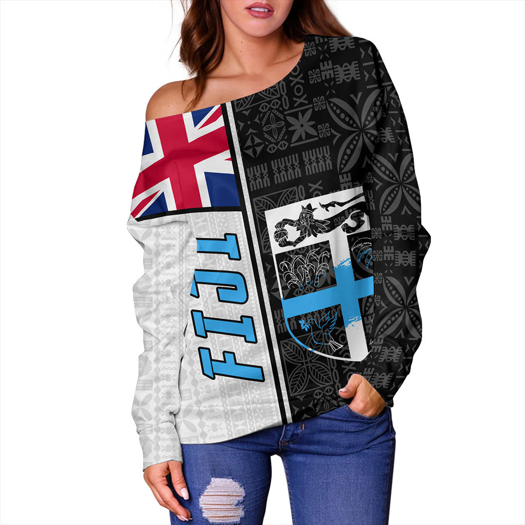 Fiji Off Shoulder Sweatshirt Flag Pattern Bula Concept