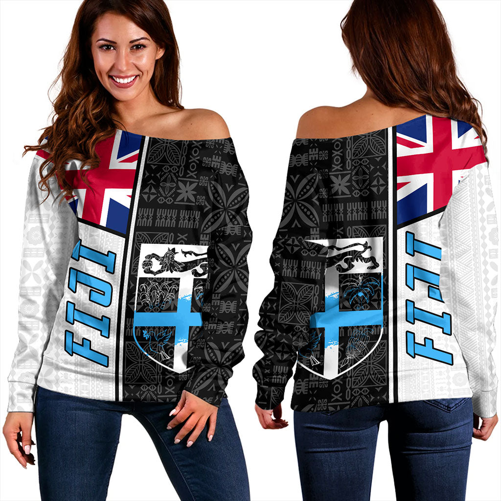 Fiji Off Shoulder Sweatshirt Flag Pattern Bula Concept