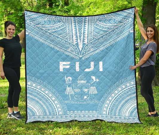 Fiji Premium Quilt - Fiji Coat Of Arms Polynesian Chief Light Blue Version