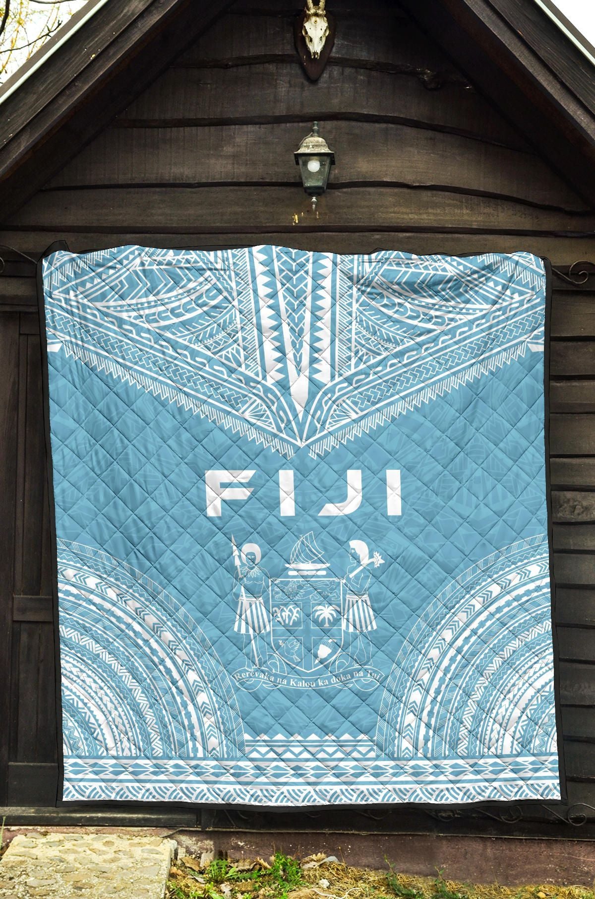 Fiji Premium Quilt - Fiji Coat Of Arms Polynesian Chief Light Blue Version