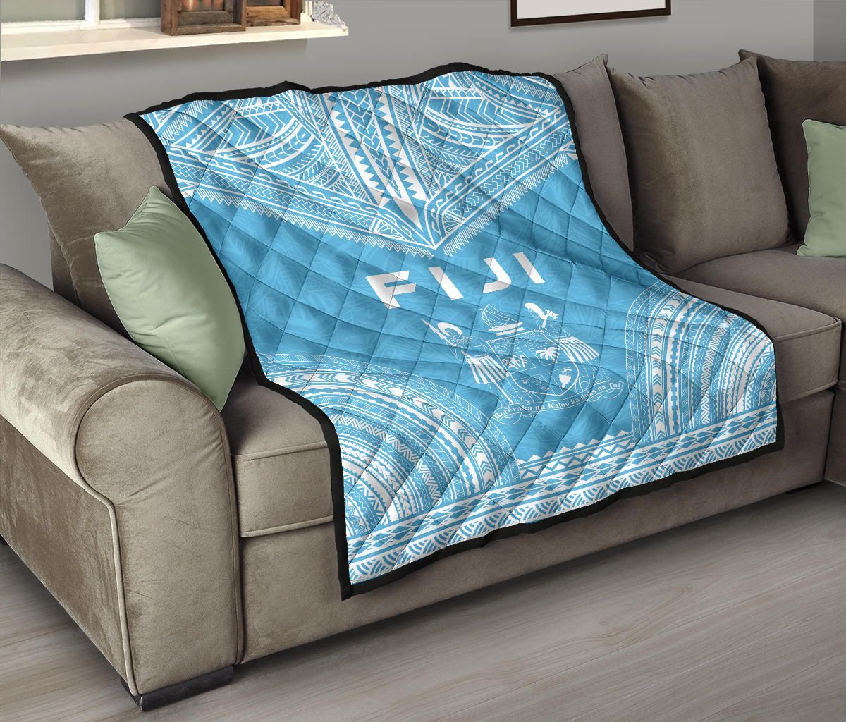 Fiji Premium Quilt - Fiji Coat Of Arms Polynesian Chief Light Blue Version