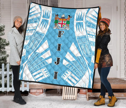 Fiji Premium Quilt - Fiji Coat Of Arms Polynesian White Tattoo (Blue)
