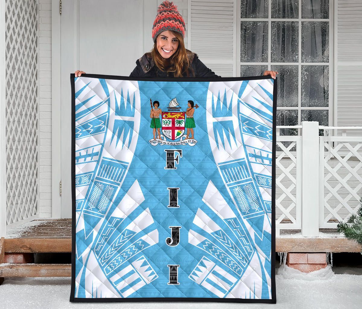Fiji Premium Quilt - Fiji Coat Of Arms Polynesian White Tattoo (Blue)