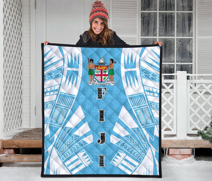 Fiji Premium Quilt - Fiji Coat Of Arms Polynesian White Tattoo (Blue)