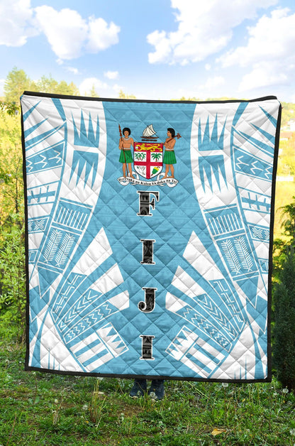 Fiji Premium Quilt - Fiji Coat Of Arms Polynesian White Tattoo (Blue)