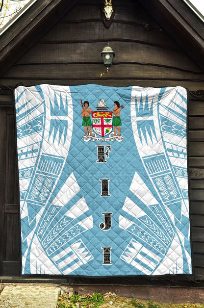 Fiji Premium Quilt - Fiji Coat Of Arms Polynesian White Tattoo (Blue)