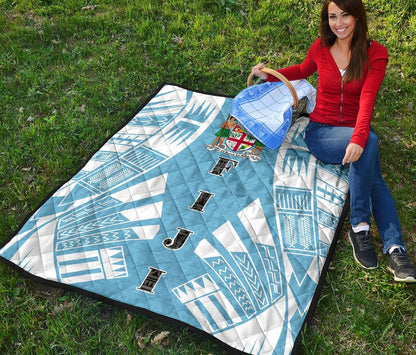 Fiji Premium Quilt - Fiji Coat Of Arms Polynesian White Tattoo (Blue)