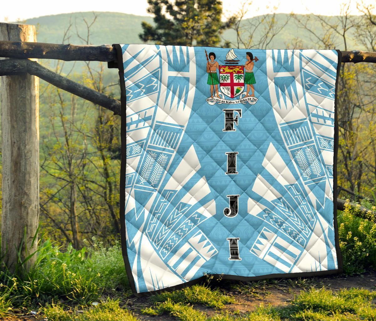 Fiji Premium Quilt - Fiji Coat Of Arms Polynesian White Tattoo (Blue)