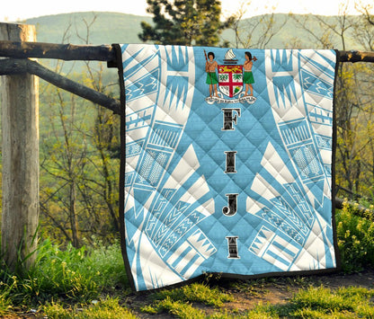 Fiji Premium Quilt - Fiji Coat Of Arms Polynesian White Tattoo (Blue)