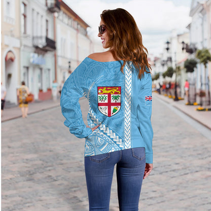 Fiji Off Shoulder Sweatshirt Tribal Melanesian Flag And Coat Of Arms