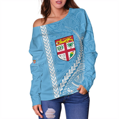Fiji Off Shoulder Sweatshirt Tribal Melanesian Flag And Coat Of Arms