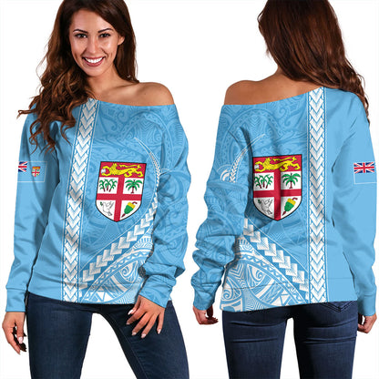Fiji Off Shoulder Sweatshirt Tribal Melanesian Flag And Coat Of Arms