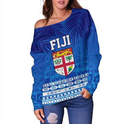 Fiji Off Shoulder Sweatshirt Happy Fiji Day Celebration Tropical Leaf