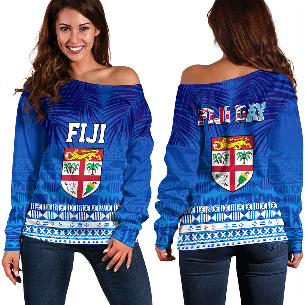Fiji Off Shoulder Sweatshirt Happy Fiji Day Celebration Tropical Leaf