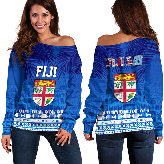 Fiji Off Shoulder Sweatshirt Happy Fiji Day Celebration Tropical Leaf