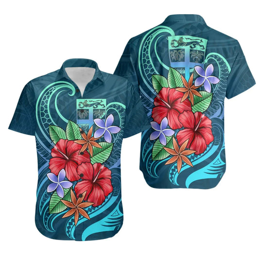 Fiji Short Sleeve Shirt - Blue Pattern With Tropical Flowers