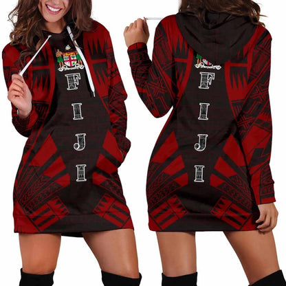 Fiji Hoodie Dress - Polynesian Tattoo Red