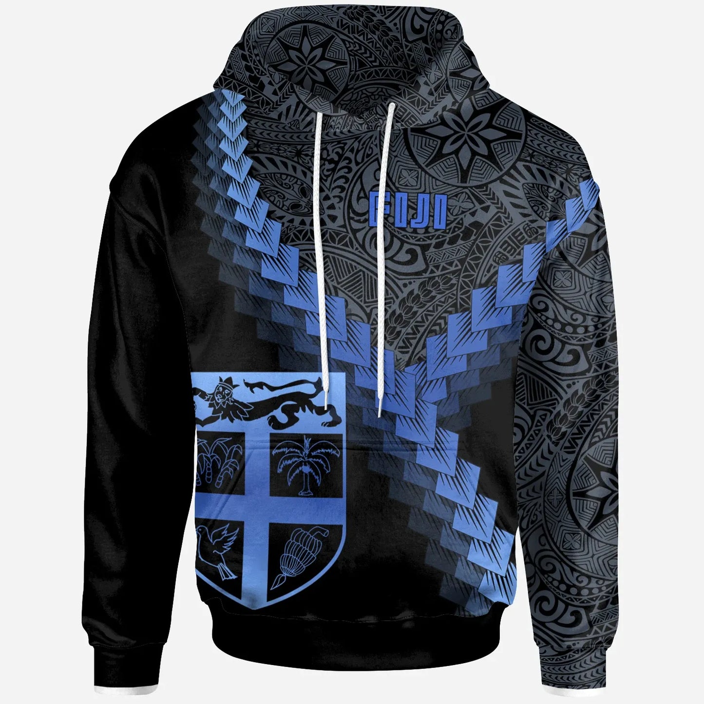 Fiji Hoodie - Fiji Coat Of Arms With Polynesian Tattoo Blue