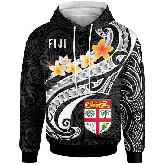 Fiji Hoodie - Fiji Seal  Polynesian Patterns Plumeria (Black)