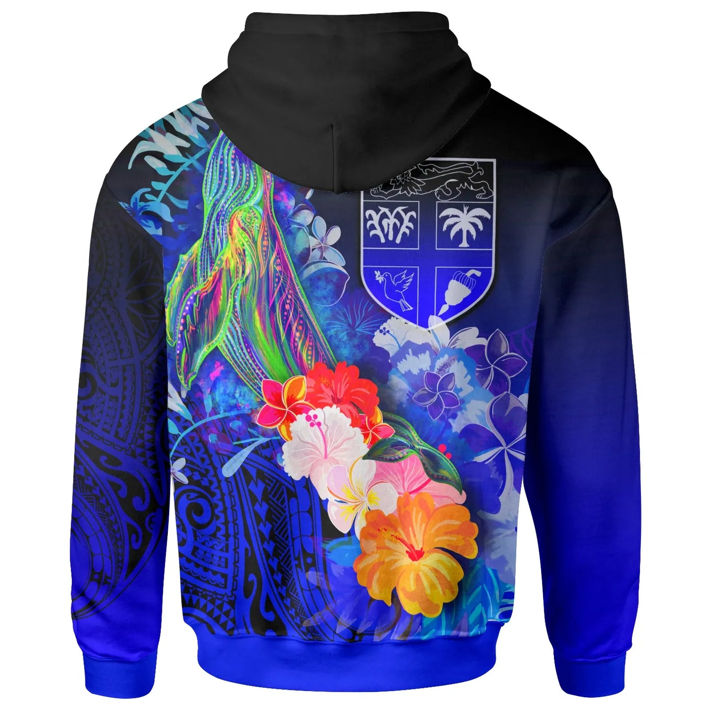 Fiji Hoodie - Humpback Whale with Tropical Flowers (Blue)