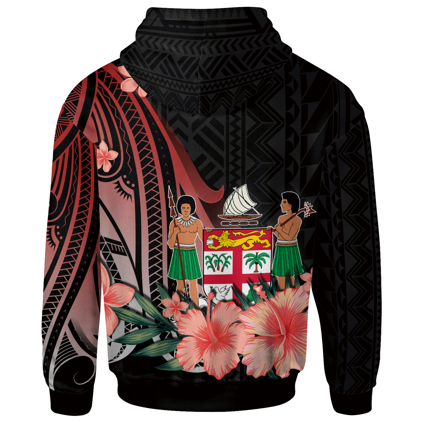 Fiji Hoodie - Red Polynesian Hibiscus Pattern Style