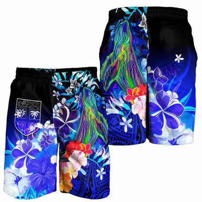 Fiji Men Shorts - Humpback Whale with Tropical Flowers (Blue)