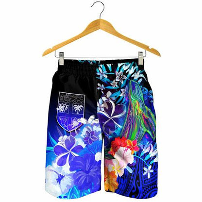 Fiji Men Shorts - Humpback Whale with Tropical Flowers (Blue)