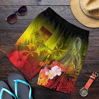 Fiji Men Shorts - Humpback Whale with Tropical Flowers (Yellow)