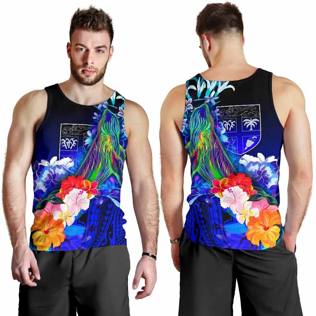 Fiji Men Tank Top - Humpback Whale with Tropical Flowers (Blue)