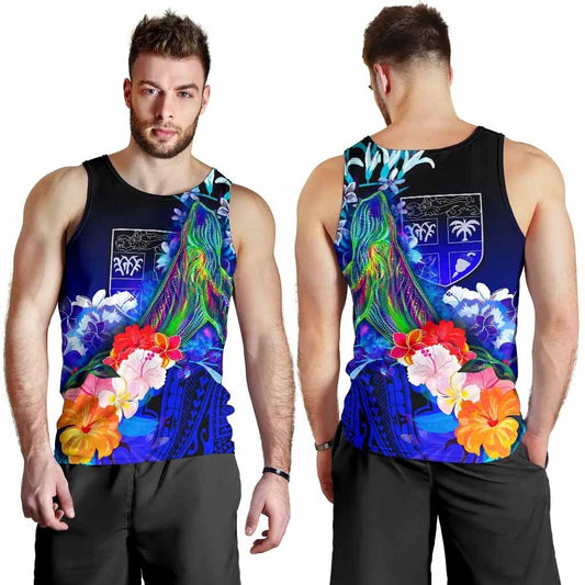 Fiji Men Tank Top - Humpback Whale with Tropical Flowers (Blue)