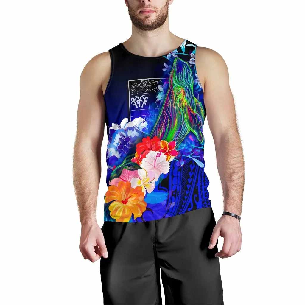 Fiji Men Tank Top - Humpback Whale with Tropical Flowers (Blue)