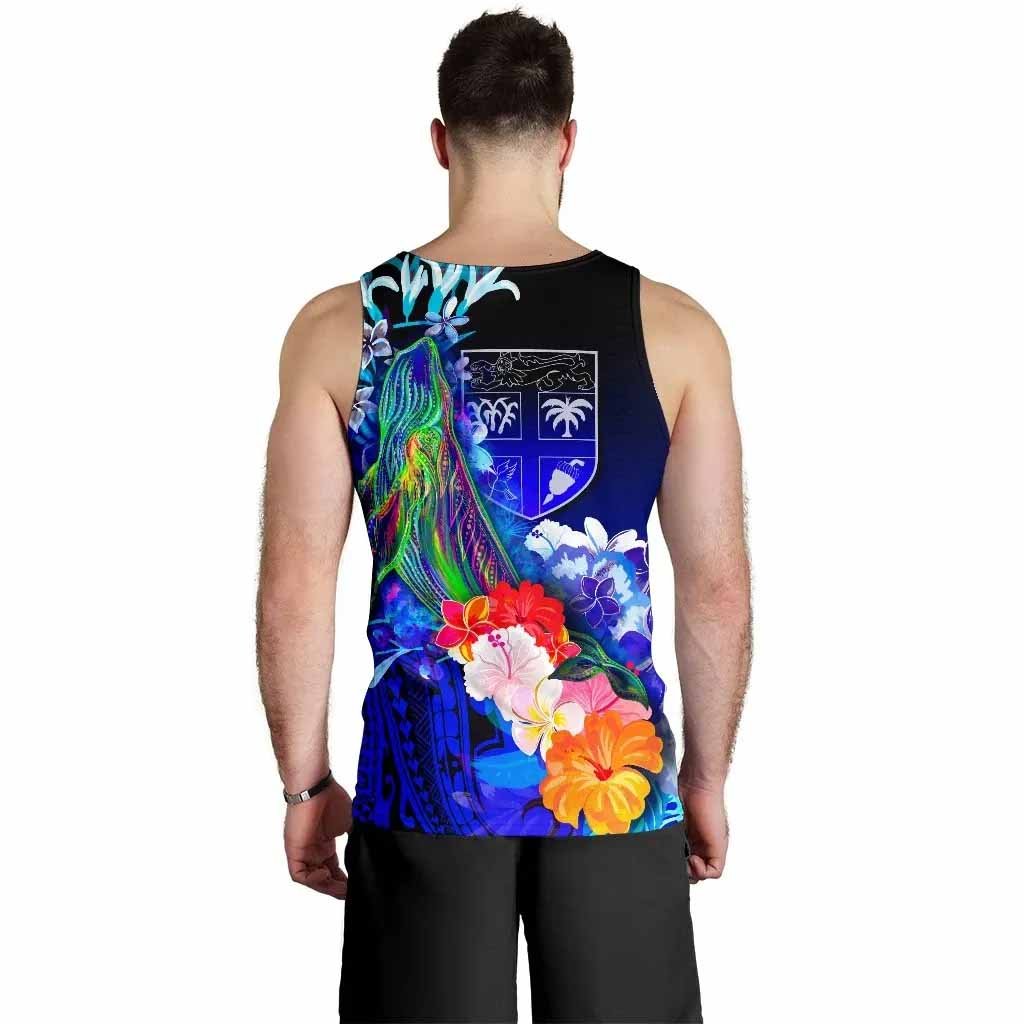 Fiji Men Tank Top - Humpback Whale with Tropical Flowers (Blue)