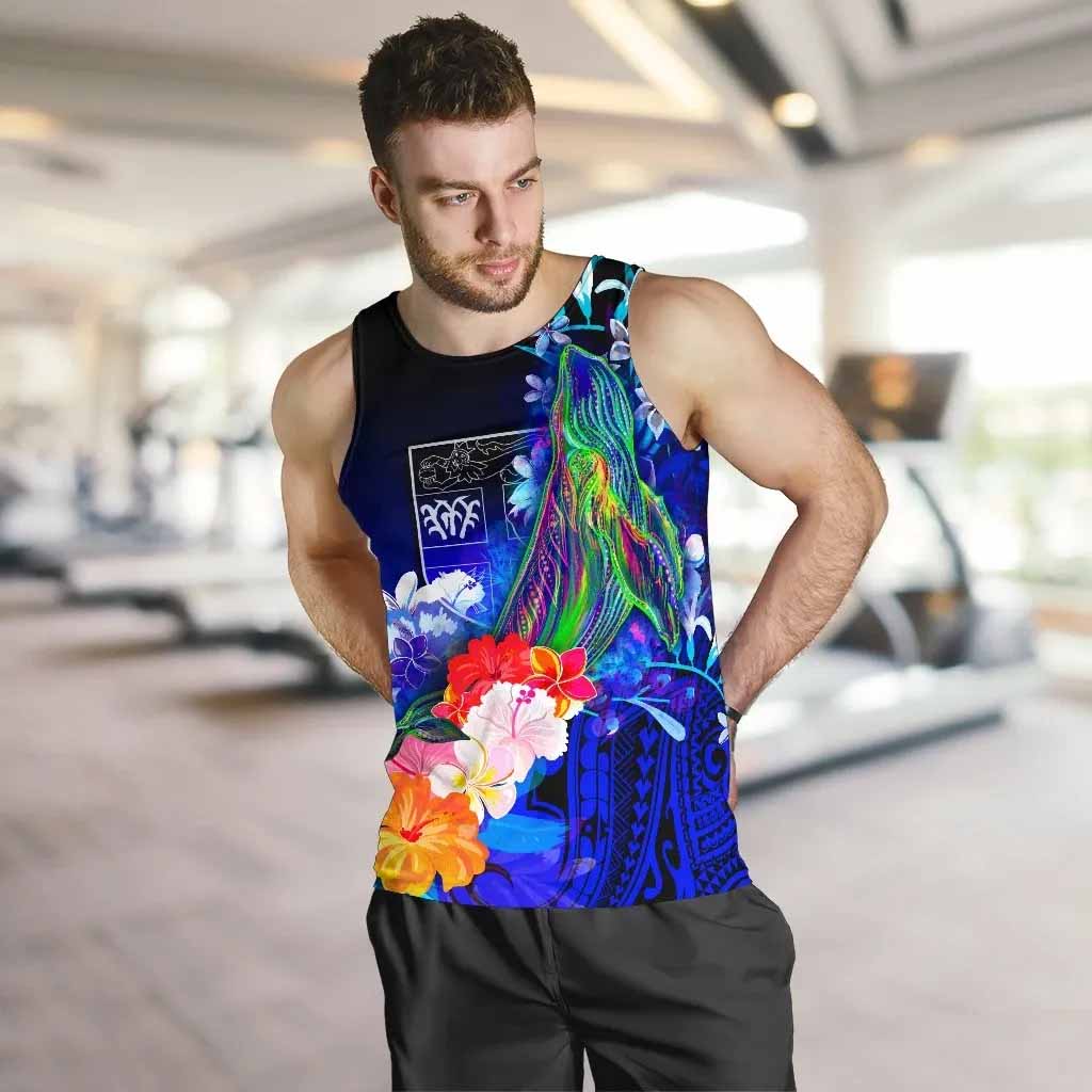 Fiji Men Tank Top - Humpback Whale with Tropical Flowers (Blue)