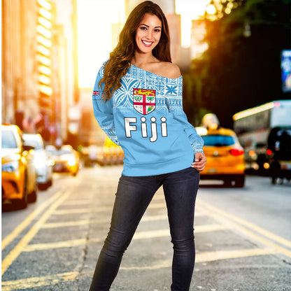 Fiji Off Shoulder Sweatshirt Coat Of Arms Pattern Traditional Style