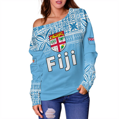 Fiji Off Shoulder Sweatshirt Coat Of Arms Pattern Traditional Style